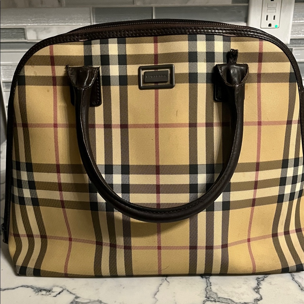 Classic Plaid Dome Satchel Handbag - Beige/Tan with Dark Brown Trim